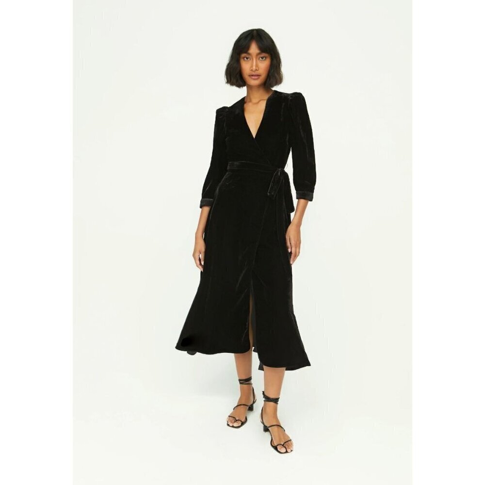 Rhode Lainey Velvet Midi Wrap Dress Black Womens Size Xs